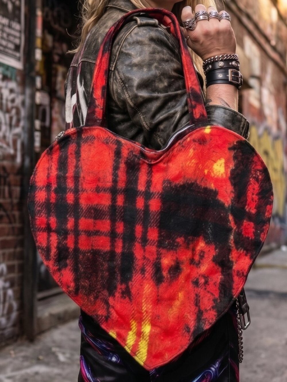 Tartan Plaid Love Handmade Gigantic Heart Handbag Tote Red Grunge Bleached